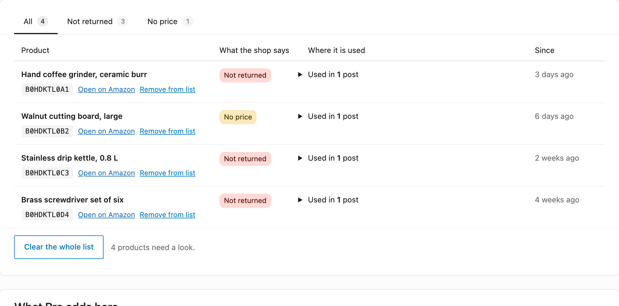 The Health screen: products a shop stopped returning or showing a price for, with the shop’s answer and how many posts use each.
