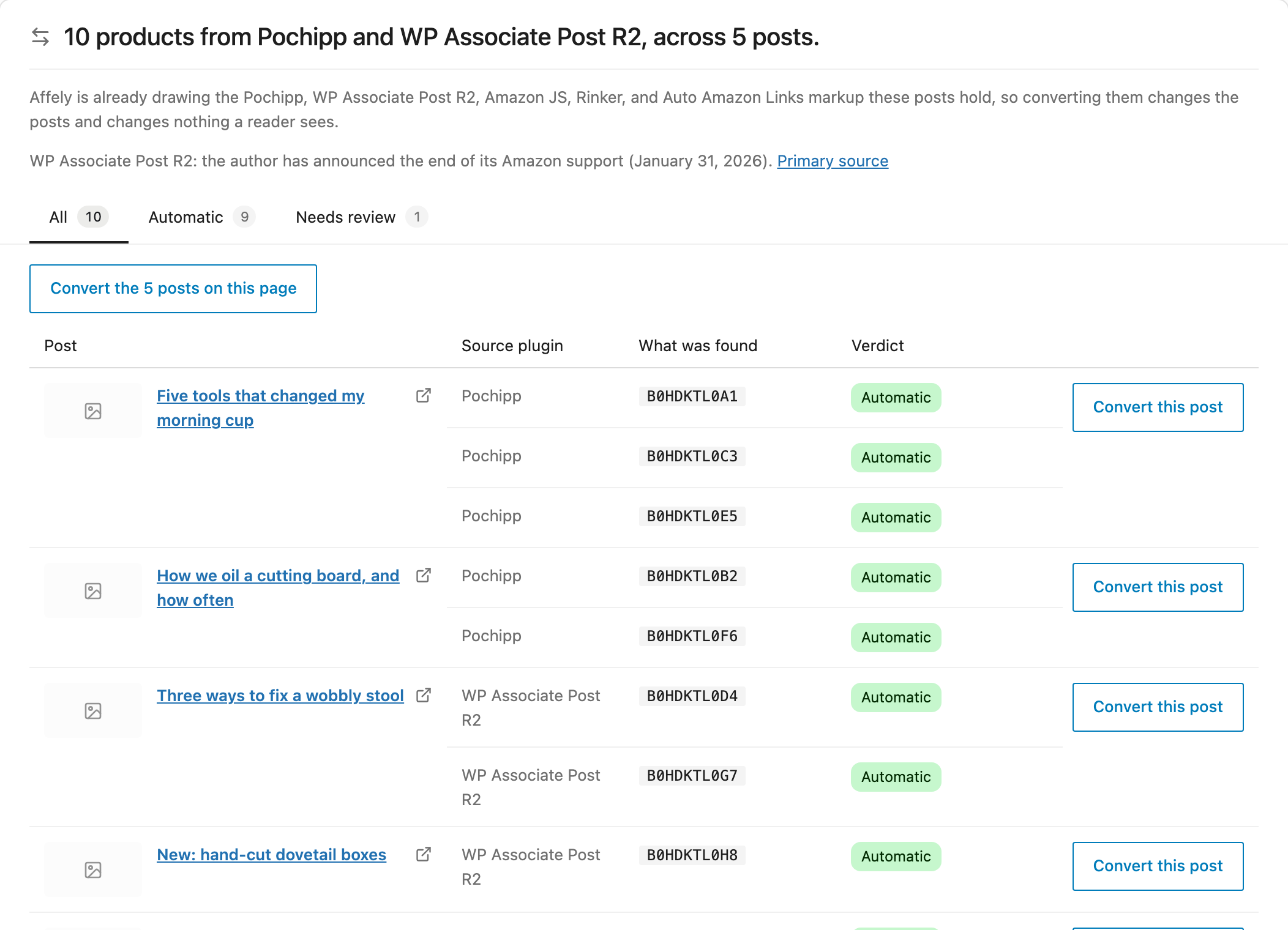 The Migrate screen: products left by Pochipp and WP Associate Post R2, listed post by post and split into automatic and needs review.