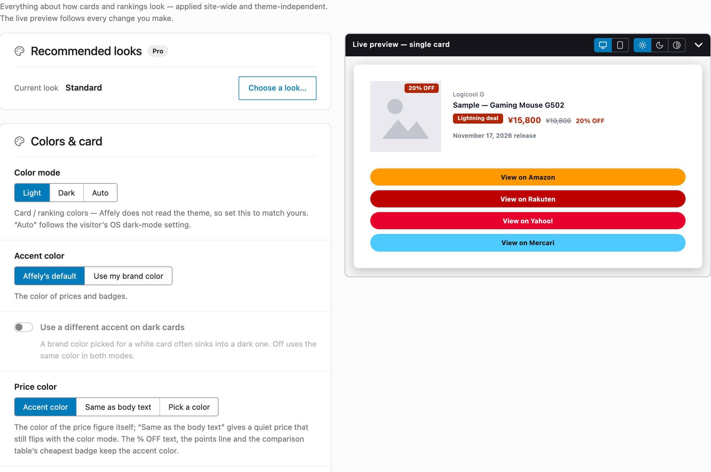 The Display & design tab: colour mode, accent and price colour on the left, a live preview of the card on the right.